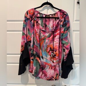 Bob Mackie Wearable Art Water Color Flutter Bell Sleeve Blouse Womens Size Large